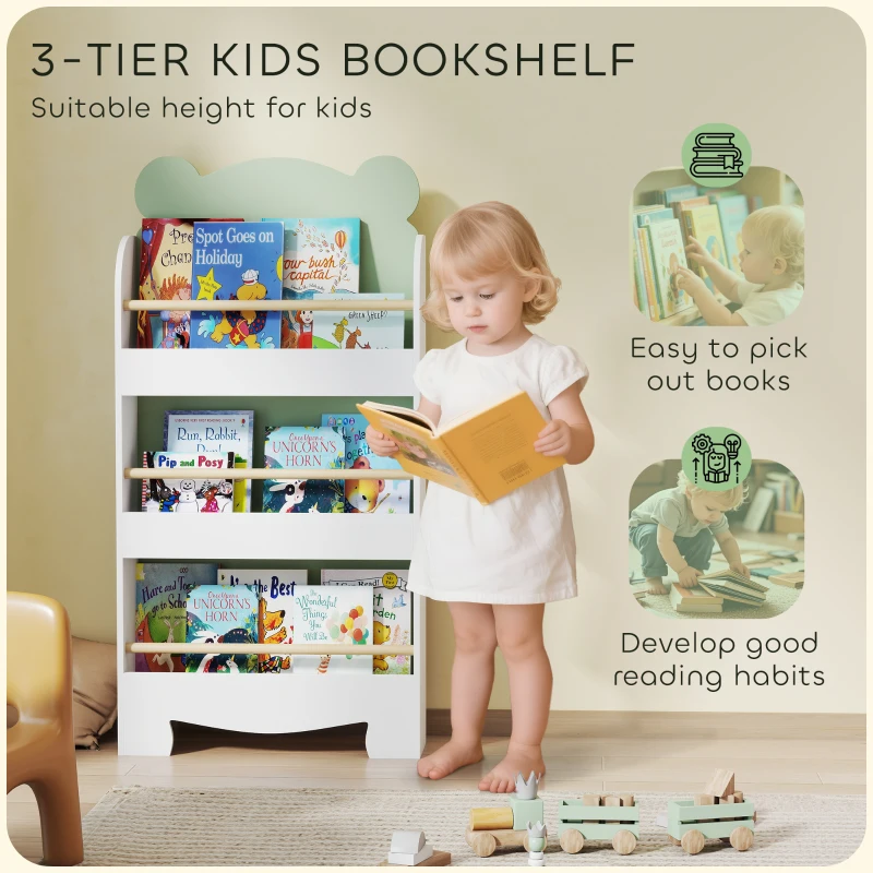 AIYAPLAY Regał na książki dla dzieci, 3-poziomowy regał z motywem misia do książek i zabawek, 55 x 15 x 110 cm, zielony