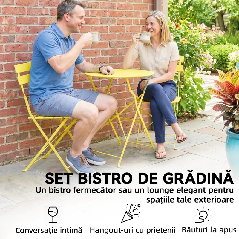 Outsunny Set Bistro, Masă și Scaune Pliabile pentru 2, Grădină, Galben.