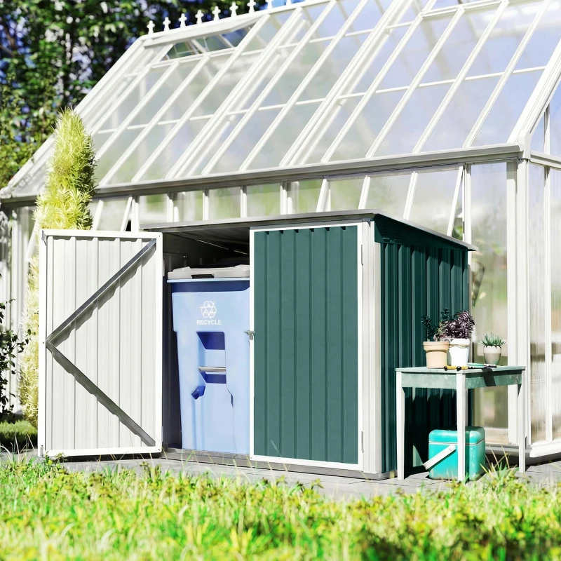 Outsunny Caixa para Contentores de Lixo fechável com Porta Dupla e Tampa para 2 Contentores Aço 179,5 x 108 x 129,5/113 cm Verde