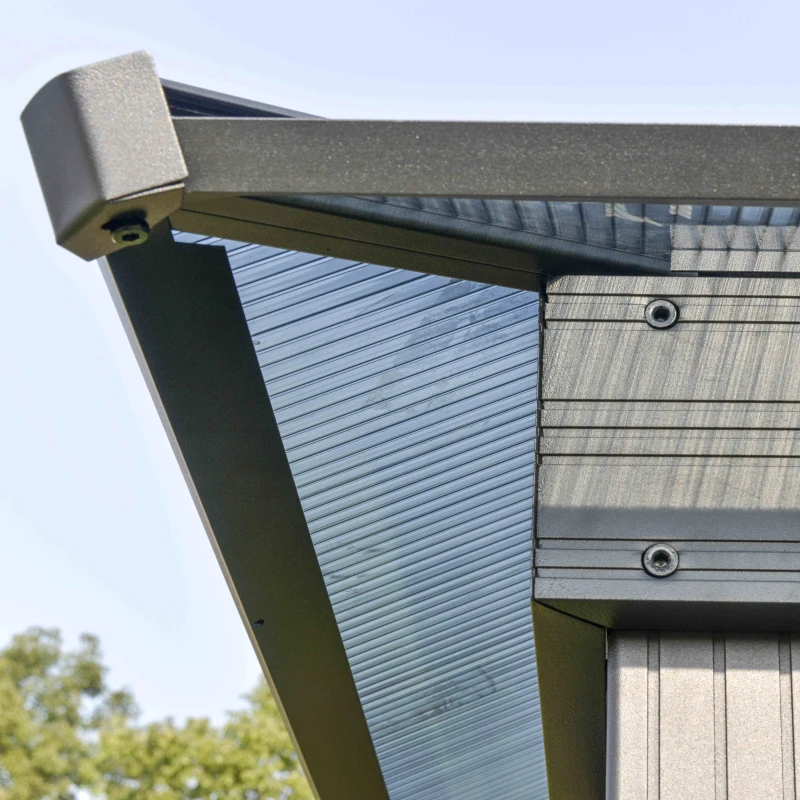 Outsunny 3 x 3(m) Hardtop Gazebo Canopy with Polycarbonate Roof, Aluminium Frame, Permanent Pavilion Garden Gazebo with Netting and Curtains for Patio, Deck, Dark Grey