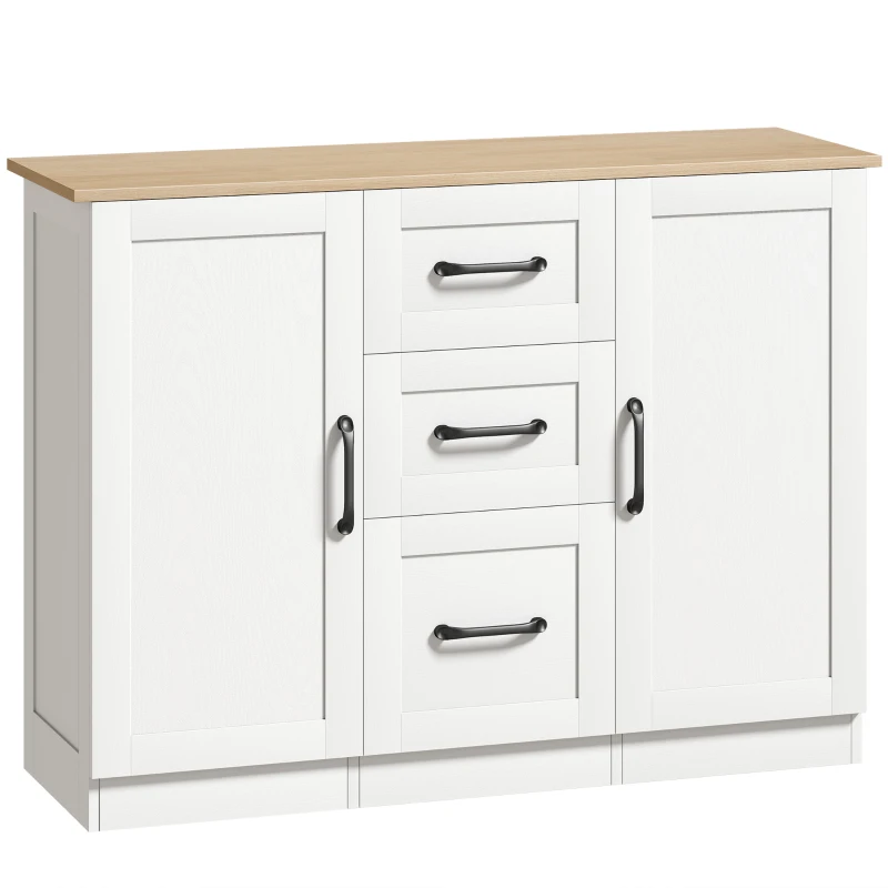 HOMCOM Buffet salon, meuble de rangement avec 2 portes à fermeture douce et 3 tiroirs, 110x35x80,4cm, blanc et bois naturel