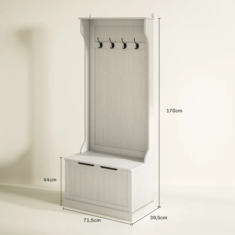 HOMCOM Perchero Zapatero con Banco de Almacenamiento 4 Ganchos Estilo Moderno 71,5x39,5x170 cm Blanco
