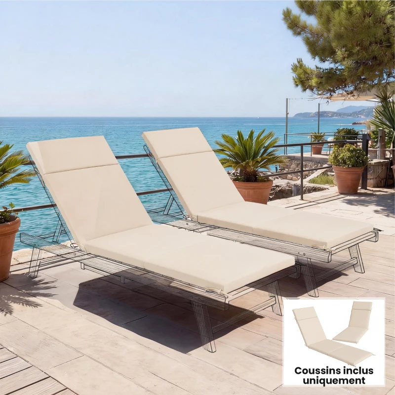 Outsunny Lot de 2 Coussins de Chaise Longue Bain de Soleil avec 6 Attaches, Résistance UV, 183x53,5x6,5cm, Crème