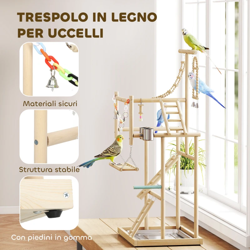 PawHut Trespolo per Pappagalli con Giochi, Scale, Catene, Ciotole, Vassoio Rimovibile e Posatoi, Legno Naturale