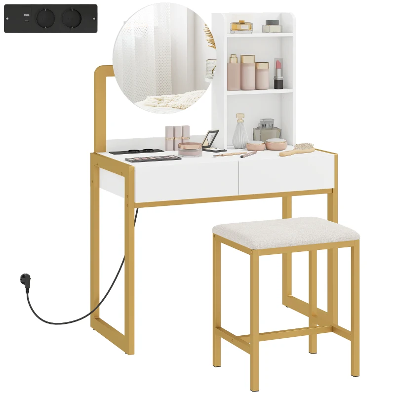 HOMCOM Tocador de Maquillaje con Espejo y Taburete Acolchado Estación de Carga 2 Cajones 3 Estantes para Dormitorio Blanco
