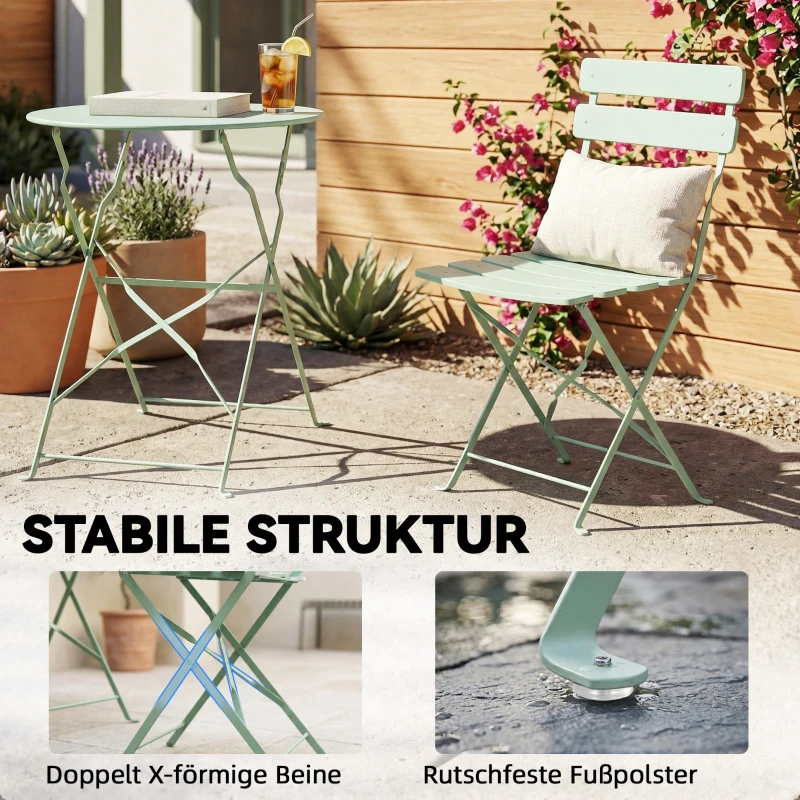 Outsunny 3-teiliges Garten Bistro Set Klappbar Bistrotisch mit 2 Stühlen Lamellen-Sitz Doppelt X-Beine Grün