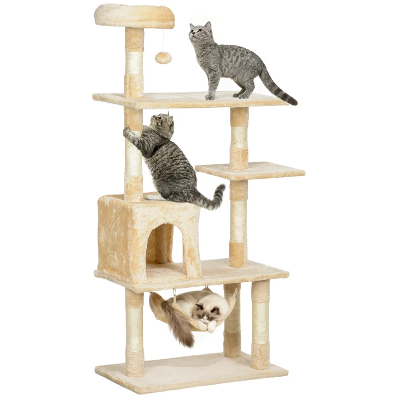 PawHut Árbol Rascador para Gatos Grande 70x40x152 cm Torre para Gatos con Múltiples Plataformas Cueva Hamaca Postes Beige