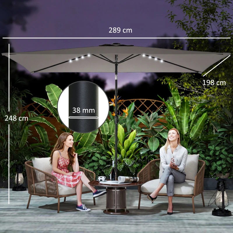 Outsunny 3 x 2 m Garden Parasol Umbrella with LED Solar Light, Parasol Cover, Outdoor Market Patio Umbrella, Dark Grey