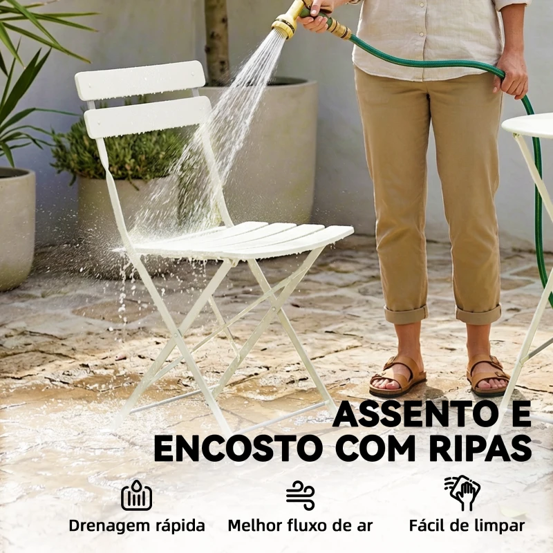 Outsunny Conjunto de Jardim Dobrável com 2 Cadeiras Dobráveis Mesa Redonda Estrutura Metálica Eletroforética para Varanda Creme
