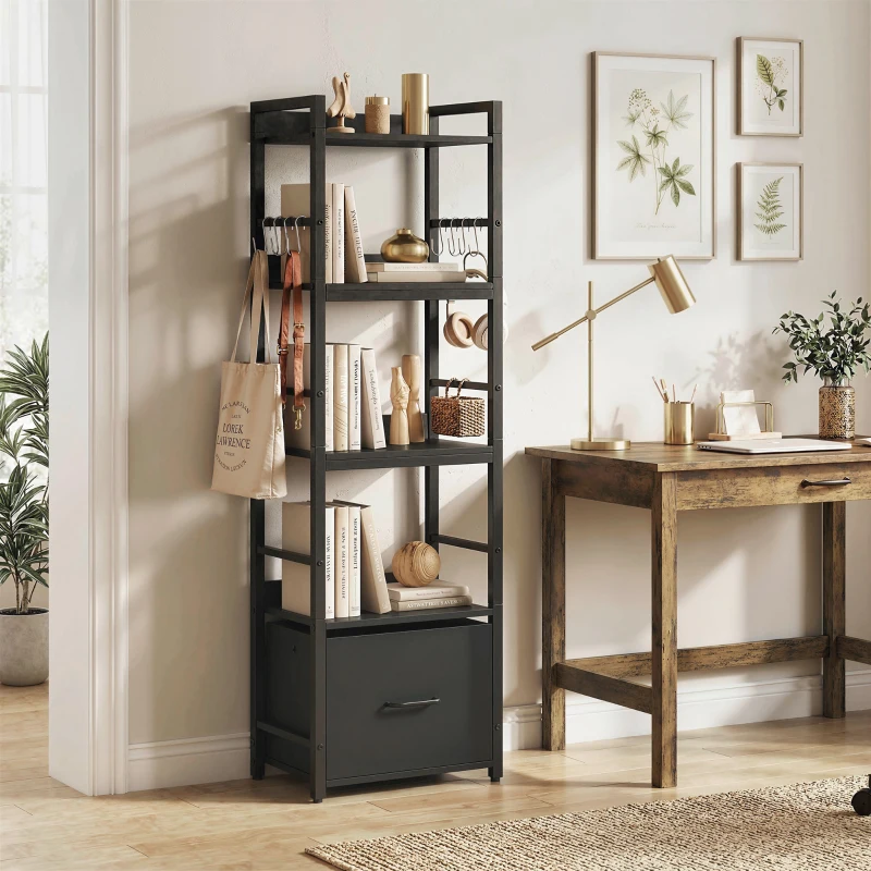 HOMCOM 4-Tier Bookshelf, Narrow Bookcase with Drawer, 8 Hooks, Metal Frame, Black