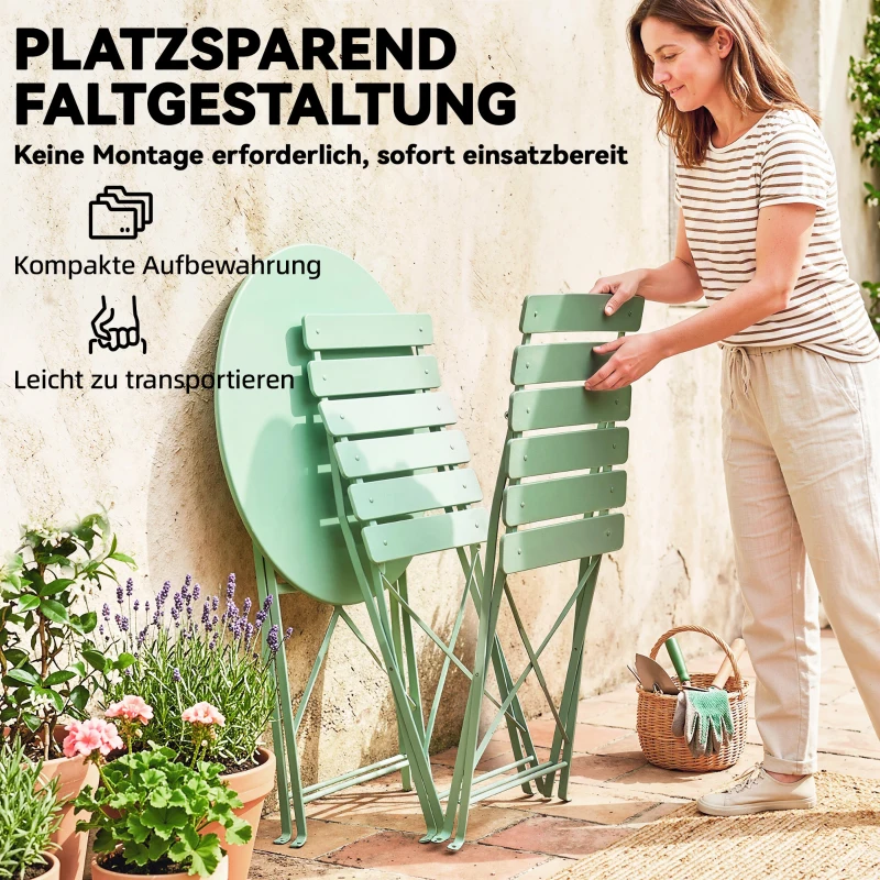 Outsunny 3-teiliges Garten Bistro Set Klappbar Bistrotisch mit 2 Stühlen Lamellen-Sitz Doppelt X-Beine Grün