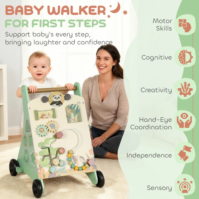 AIYAPLAY Wooden Baby Walker, Push Along Walker Toys with Speed Control, Xylophone, gears and Bead Maze, Green