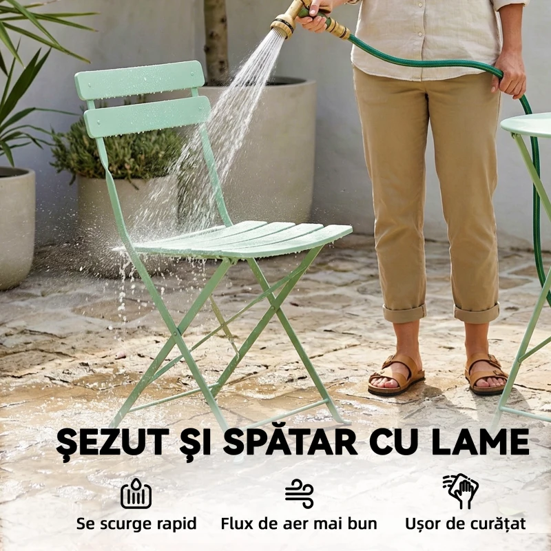 Outsunny Set Grădină Bistro: Masă Rotundă și Scaune Pliabile pentru 2, Verde Deschis.
