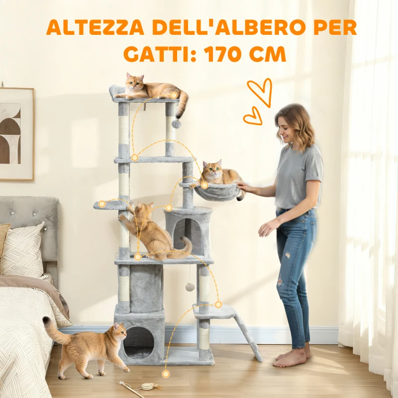 PawHut Albero Tiragraffi per Gatti con 2 Casette, Amaca, Tunnel, e Lettino, Pali in Sisal, 60x40x170 cm, Grigio