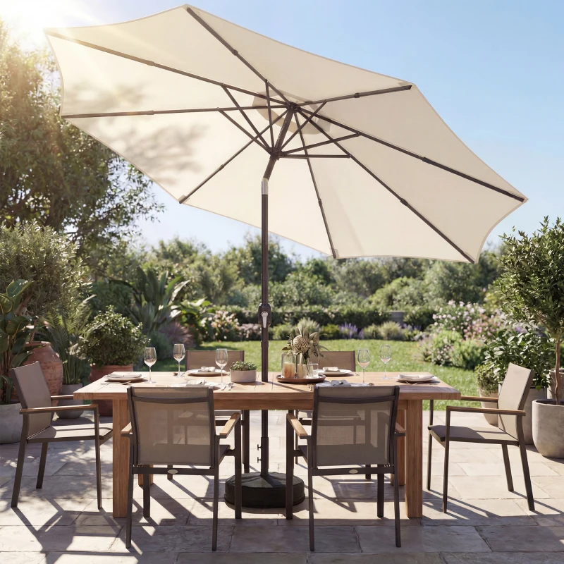 Outsunny 2.7 m Garden Parasol Umbrella with Cross Base and Sandbag, Retractable Ribs, Outdoor Table Market Umbrella, Cream White