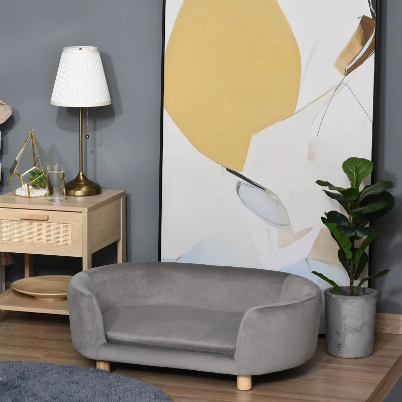 PawHut Sofá para Perros Pequeños con Patas de Madera Funda Lavable y Cojín Desmontable 86x55x33 cm Gris Claro
