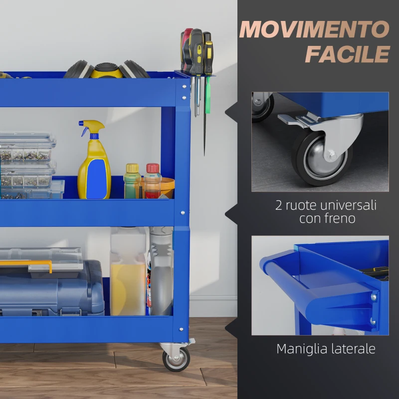 DURHAND Carrello Porta Attrezzi a 3 Livelli in Acciaio con Bordi Alti e 4 Ruote Girevoli, 83x35.3x76 cm, Blu