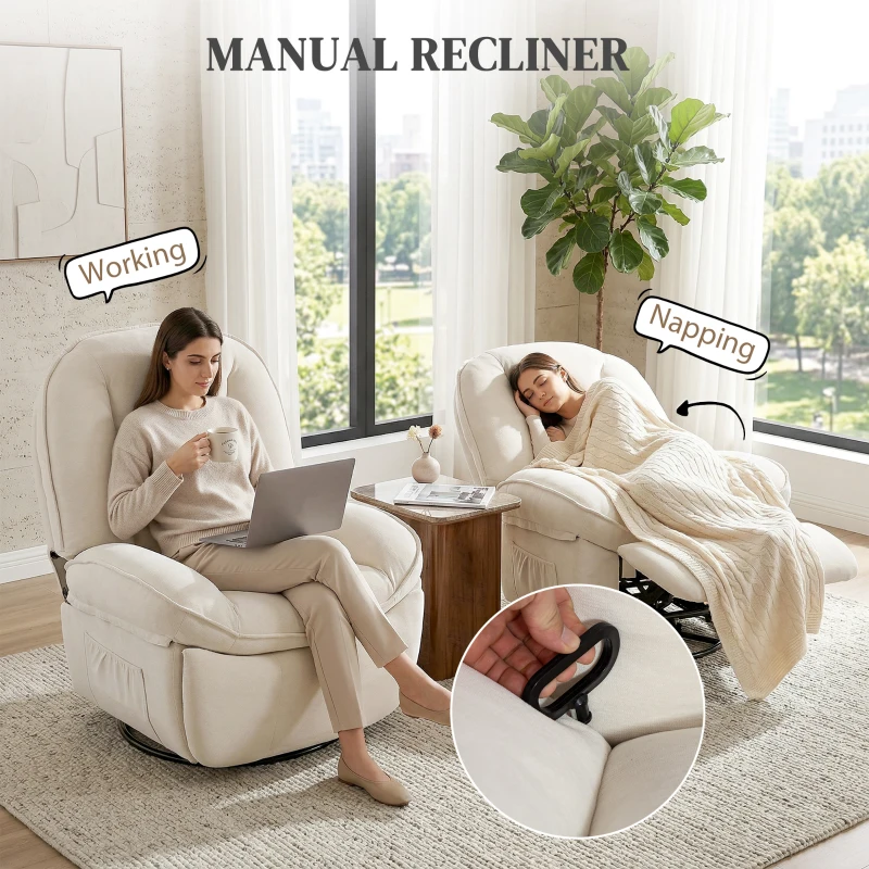 HOMCOM Fotel Relaksacyjny, Obracany Fotel z Funkcją Kołysania i Rozkładania, Głębokie Siedzisko, Grube Oparcie, Łatwy Montaż, Kremowy