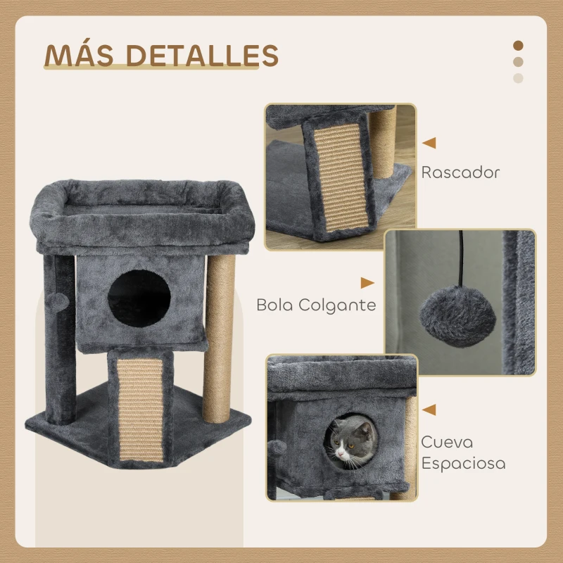 PawHut Árbol Rascador para Gatos Pequeños 57 cm con Rampa para Rascar Cueva Cama y Bola Colgante 40x40x57 cm Gris Oscuro