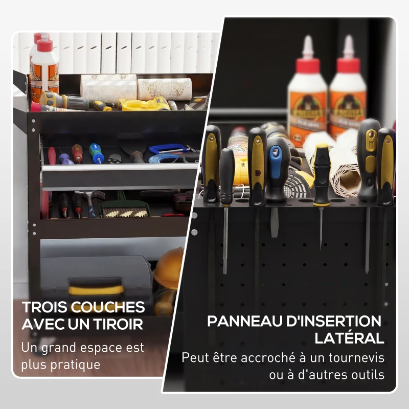 DURHAND Chariot d'atelier servante atelier à 3 niveaux avec tiroir, porte-outils latéral et poignée, 82x35x76 cm, noir