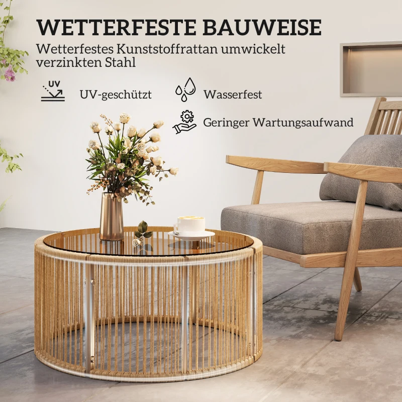 Outsunny Beistelltisch aus Polyrattan Kaffeetisch mit gehärteter Glasplatte Gartentisch mit Stahlrahmen 70 x 70 x 33 cm Braun