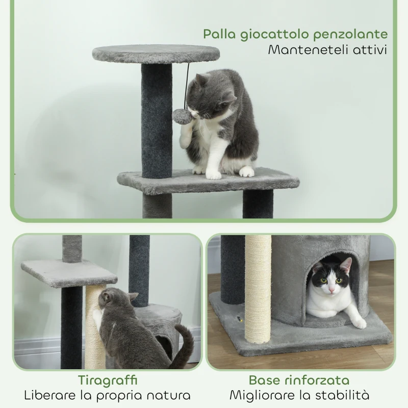 PawHut Albero per Gatti Multilivello Alto 103 cm con Pali Tiragraffi in Sisal, Casetta e Pallina in Peluche, Grigio