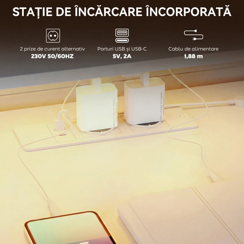 HOMCOM Birou Gaming cu Suport CPU Reglabil Reversibil și LED, 147x47 cm, Stație de Încărcare, Suport Monitor, 3 Sertare din Material Textil, pentru Acasă, Birou sau Studio, Alb