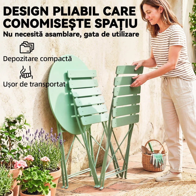 Outsunny Set Grădină Bistro: Masă Rotundă și Scaune Pliabile pentru 2, Verde Deschis.
