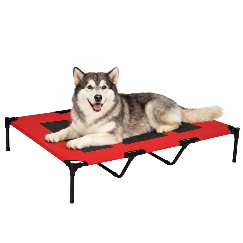 PawHut Cama Elevada para Perros Gatos Portátil Cama para Mascotas con Zona de Malla Transpirable y Tela Oxford para Interior Exterior 122x92x23 cm Rojo