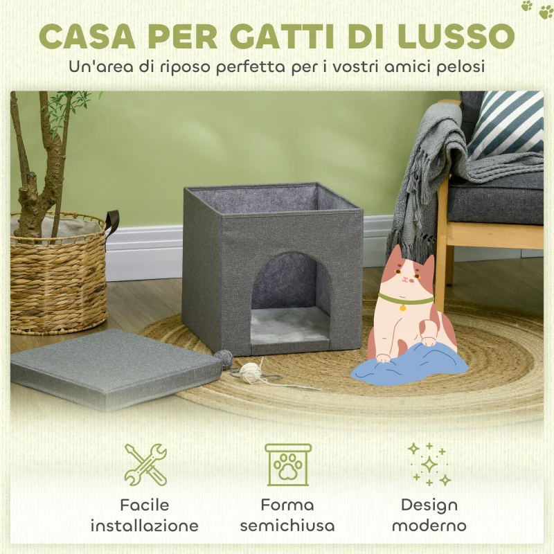 PawHut Casetta per Gatti Pieghevole a Cubo con Cuscino e Tappetino Tiragraffi, 36.5x36.5x36.5 cm, Grigio