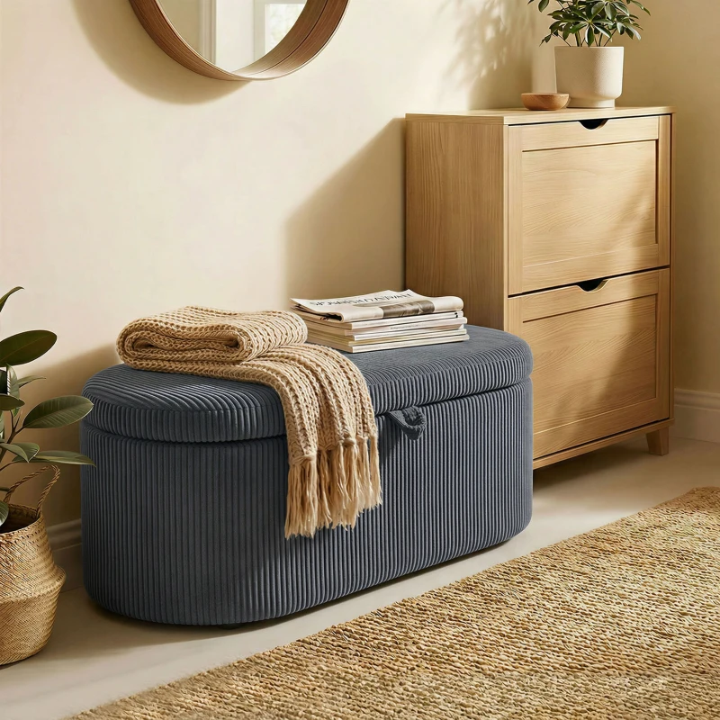 HOMCOM Storage Ottoman, Corduroy Upholstered Ottoman Storage Box with Padded Seat, 105 x 51 x 49 cm, Dark Grey