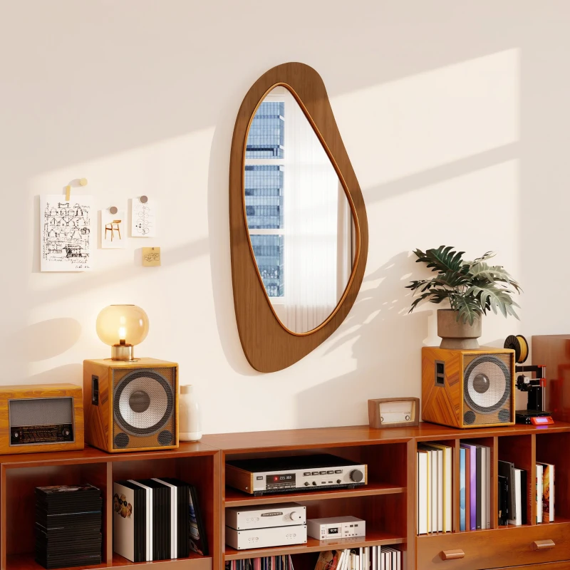 HOMCOM Miroir mural asymétrique 91,5 x 45 cm, miroir suspendu moderne, cadre en bois, effet bois naturel