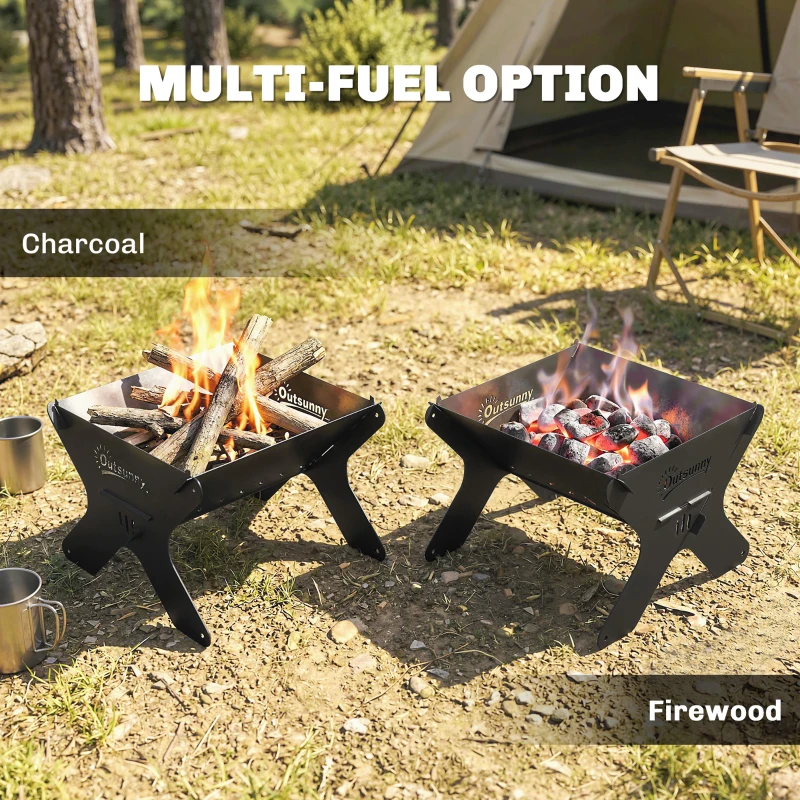 Outsunny 2-In-1 Portable BBQ Grill and Camping Fire Pit, Tabletop Charcoal Barbecue Grill with Gripper, Gloves and Carry Bag