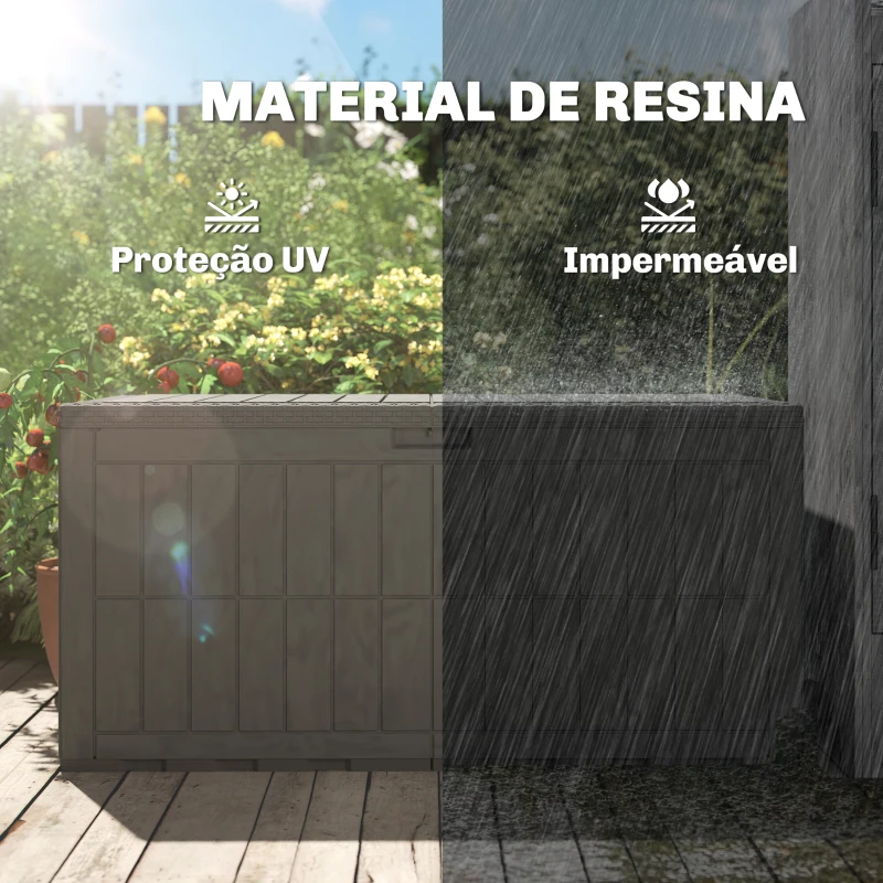 Outsunny Baú Exterior Capacidade 440L em Resina Resistente à Água e aos Raios UV com Tampa Bloqueável 133x62x65 cm Castanho