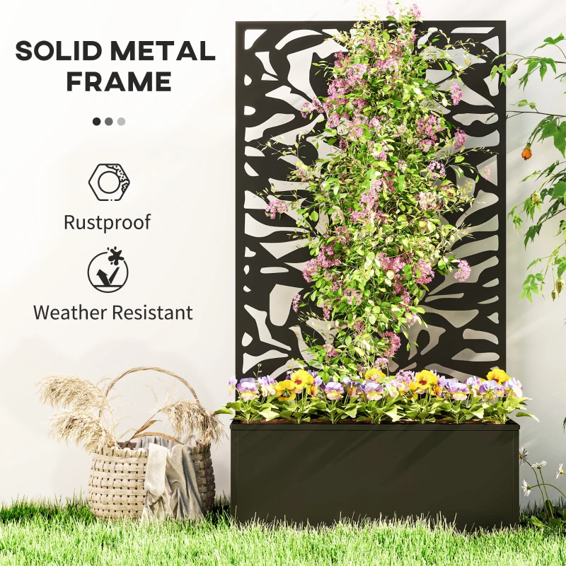 Outsunny Metal Garden Bed with Trellis, Wall Mounted or Freestanding Raised Planter with Privacy Panel, Black
