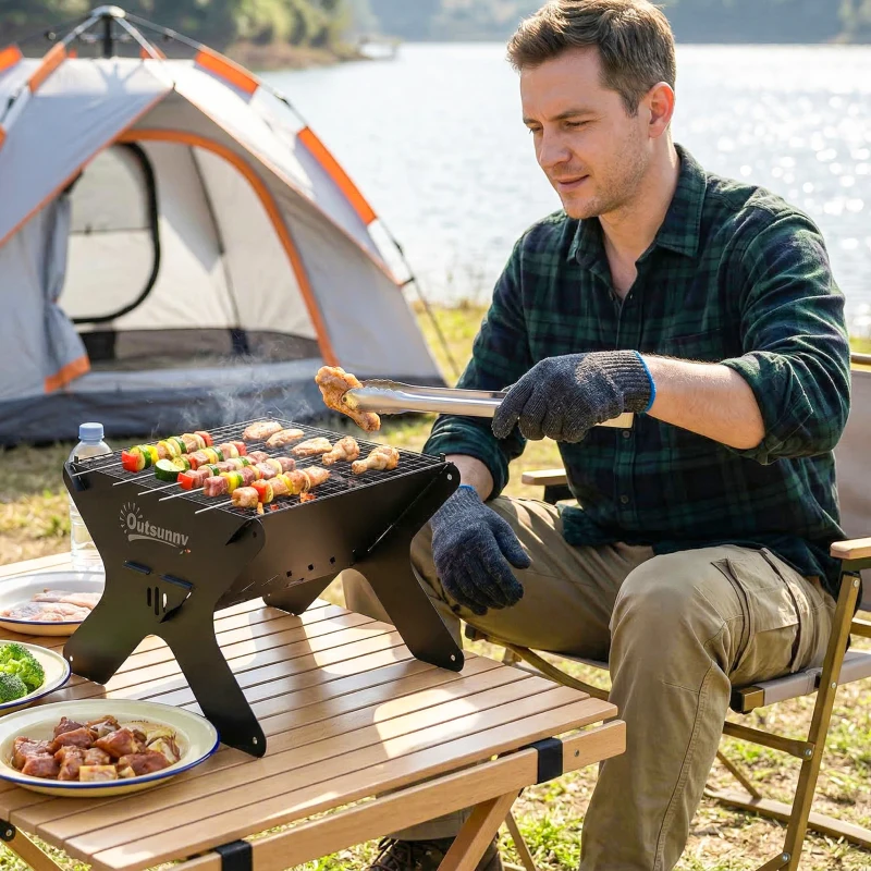 Outsunny 2-In-1 Portable BBQ Grill and Camping Fire Pit, Tabletop Charcoal Barbecue Grill with Gripper, Gloves and Carry Bag