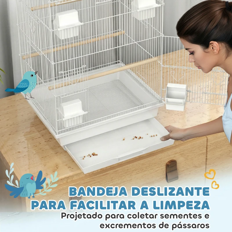 PawHut Gaiola para Pássaros de Aço com Comedouros Poleiros Balanço e Bandeja Removível 50,5x41x104 cm Branco