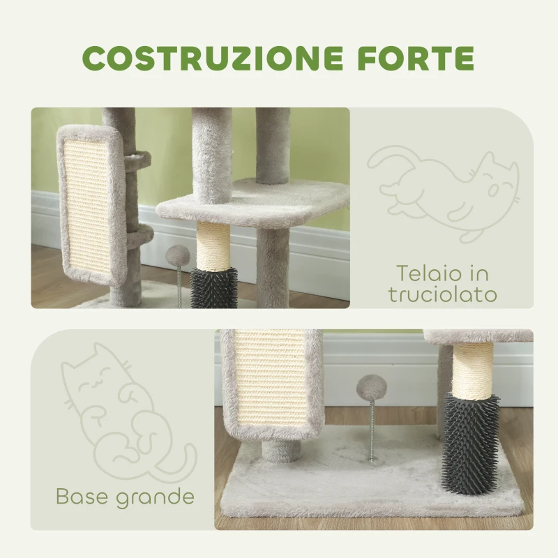 PawHut Albero per Gatti Multilivello Alto 104 cm con Casetta, Lettino, Pali Tiragraffi, Spazzola e Pallina, Grigio