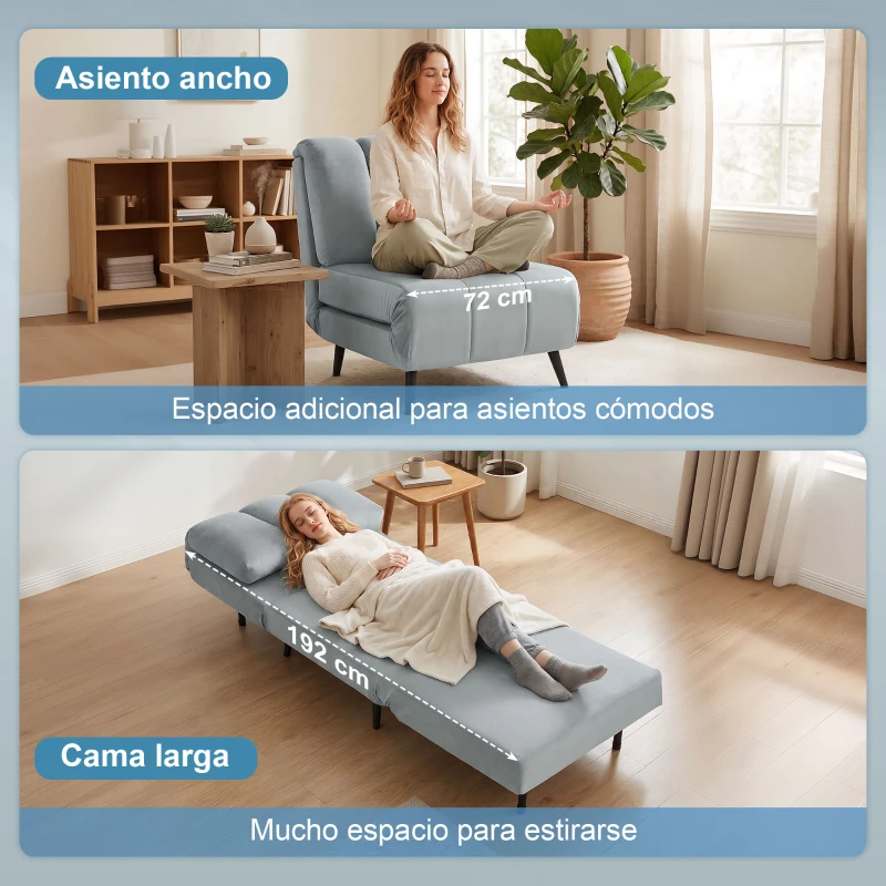 HOMCOM Sillón Cama Individual 3 en 1 Sofá Cama Plegable con Respaldo Ajustable y Cojín Grueso para Salón 72x88x87 cm Gris