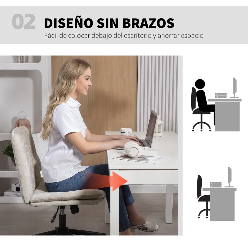 HOMCOM Silla de Oficina con Asiento Ancho sin Reposabrazos Ruedas Altura Ajustable Giratoria Función Basculante Beige