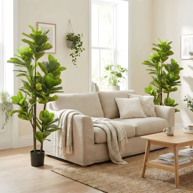 HOMCOM Lot de 2 plantes artificielles intérieures 150 cm, fausse plante à figuier lyre avec pot en ciment, vert