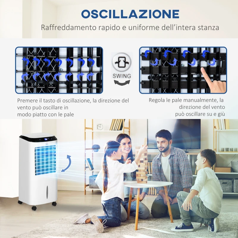 HOMCOM Raffrescatore 4 in 1 da 10L con Umidificatore, Timer 8h e Telecomando, 38.2x31.6x76 cm, in ABS, Bianco e Nero