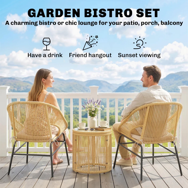 Outsunny Rattan Bistroset 3 teiliges Gartenmöbel-Set mit 2 Gartenstühlen, Glastisch, waschbaren Kissen, Ergonomisch