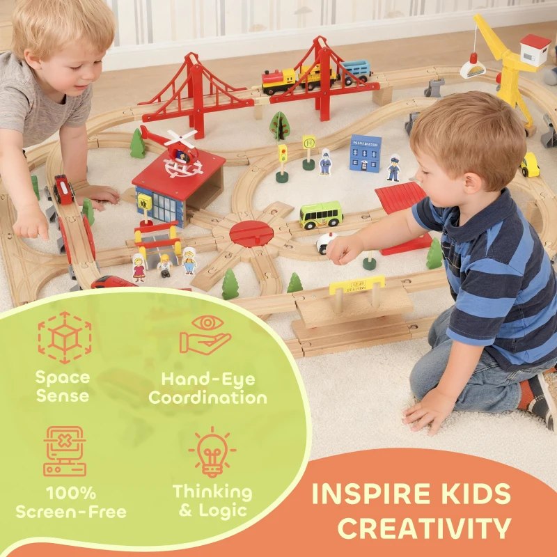 AIYAPLAY 133-Piece Wooden Train Set, Toy Train with Crane, Storage Box, for Kids Ages 3+