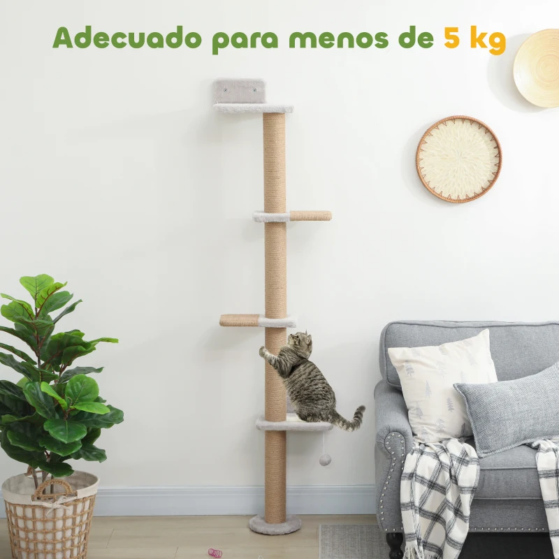 PawHut Árbol para Gatos de Pared de 5 Niveles Rascador para Gatos Estrecho con Bola y Rascadores 48x21x180 cm Gris Claro