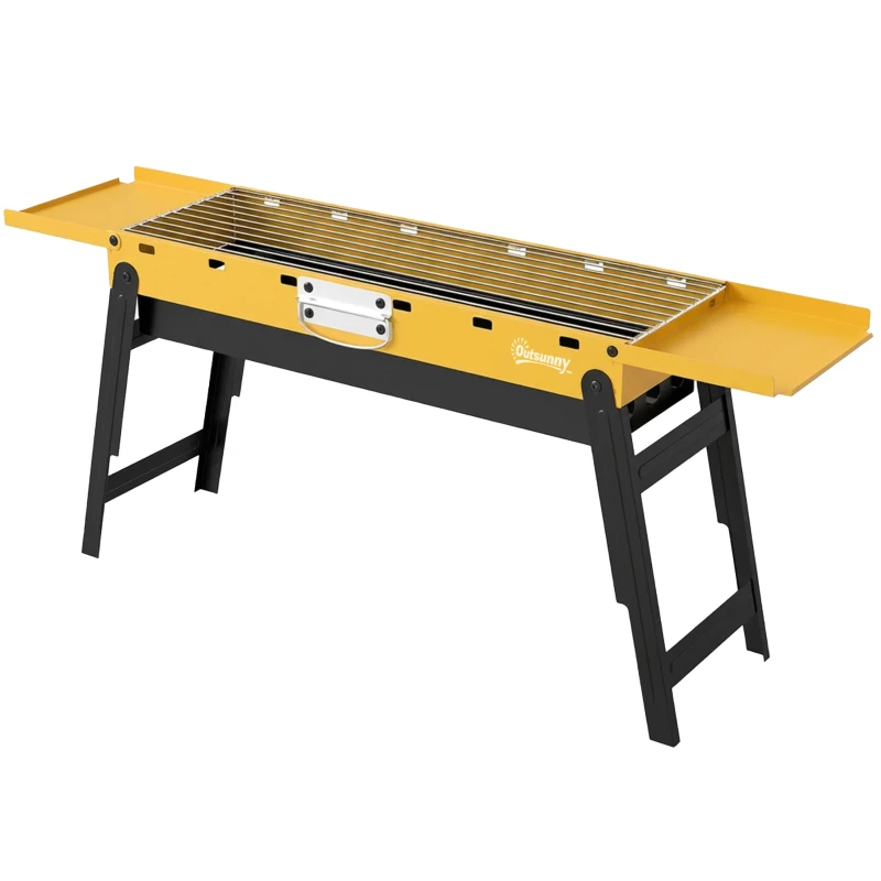 Outsunny Portable BBQ Grill, Foldable Charcoal Grill for Camping and Picnics with 2 Side Shelves and Handle, Yellow