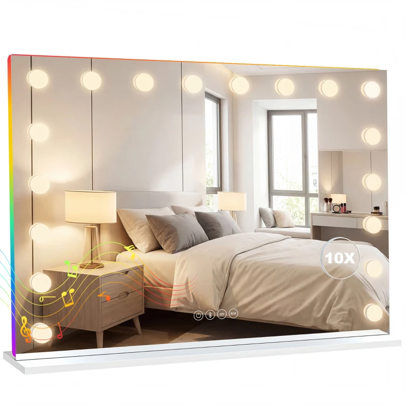 HOMCOM Hollywoodzkie lustro do makijażu z 18 regulowanymi żarówkami LED, 3 kolory, światło RGB, głośnik Bluetooth, 10-krotne powiększenie Białe
