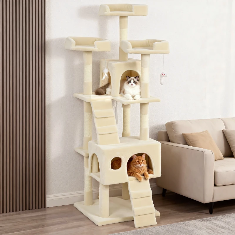 PawHut Árbol Rascador para Gatos Árbol para Gatos 153 cm con 2 Cuevas 3 Camas 2 Rampas Postes de Sisal Ratones Colgantes Crema