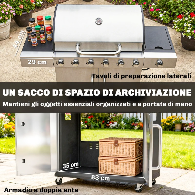 Outsunny Gas Barbecue, 6 Burners, Side Burner, Cast Iron Grill, Cabinet Included.