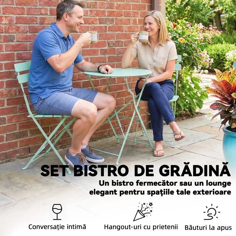 Outsunny Set Grădină Bistro: Masă Rotundă și Scaune Pliabile pentru 2, Verde Deschis.